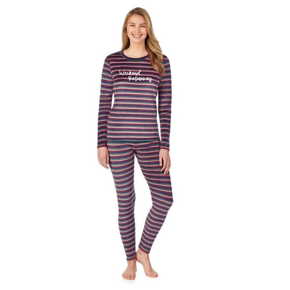 Cuddl Duds Womens Purple Striped Long Sleeve Cozy Pajamas 2 Pc Sets Sz M New